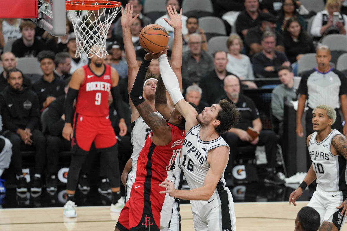 San Antonio Spurs guard Cedi Osman defending Houston Rockets forward Jabari Smith Jr.